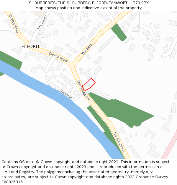 SHRUBBERIES, THE SHRUBBERY, ELFORD, TAMWORTH, B79 9BX: Location map and indicative extent of plot