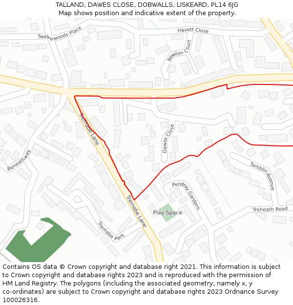 TALLAND, DAWES CLOSE, DOBWALLS, LISKEARD, PL14 6JG: Location map and indicative extent of plot