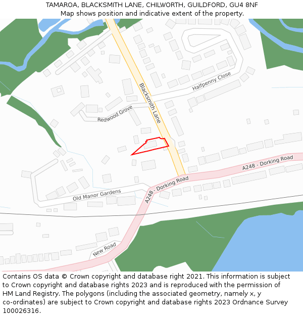 TAMAROA, BLACKSMITH LANE, CHILWORTH, GUILDFORD, GU4 8NF: Location map and indicative extent of plot