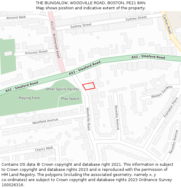 THE BUNGALOW, WOODVILLE ROAD, BOSTON, PE21 8AN: Location map and indicative extent of plot