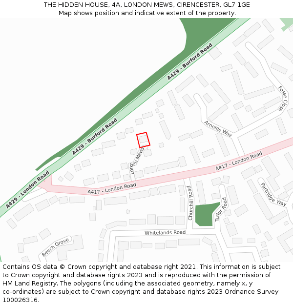 THE HIDDEN HOUSE, 4A, LONDON MEWS, CIRENCESTER, GL7 1GE: Location map and indicative extent of plot