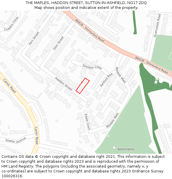 THE MAPLES, HADDON STREET, SUTTON-IN-ASHFIELD, NG17 2DQ: Location map and indicative extent of plot