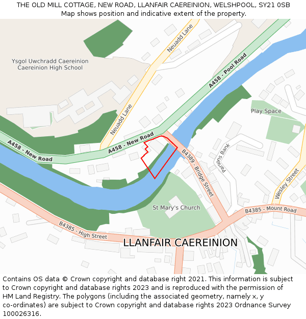 THE OLD MILL COTTAGE, NEW ROAD, LLANFAIR CAEREINION, WELSHPOOL, SY21 0SB: Location map and indicative extent of plot