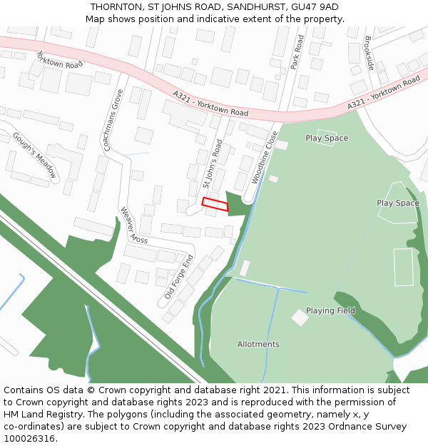 THORNTON, ST JOHNS ROAD, SANDHURST, GU47 9AD: Location map and indicative extent of plot