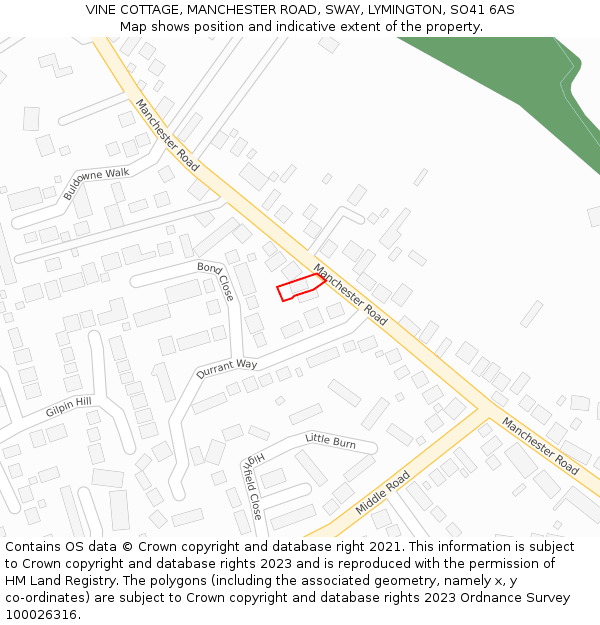 VINE COTTAGE, MANCHESTER ROAD, SWAY, LYMINGTON, SO41 6AS: Location map and indicative extent of plot