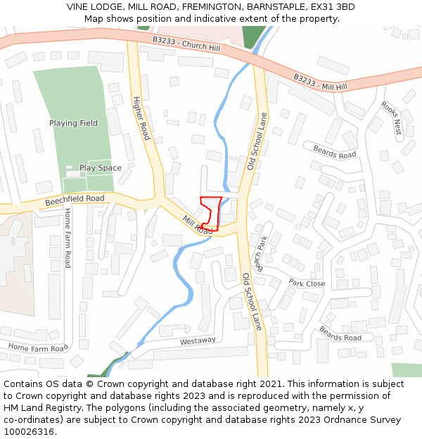 VINE LODGE, MILL ROAD, FREMINGTON, BARNSTAPLE, EX31 3BD: Location map and indicative extent of plot