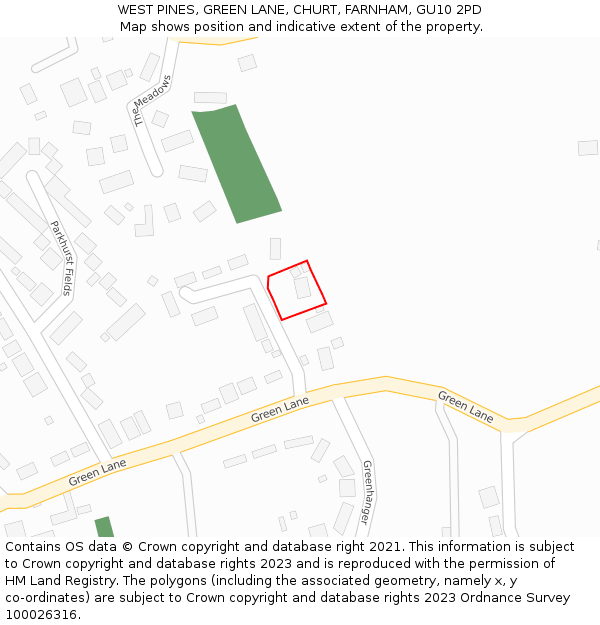 WEST PINES, GREEN LANE, CHURT, FARNHAM, GU10 2PD: Location map and indicative extent of plot