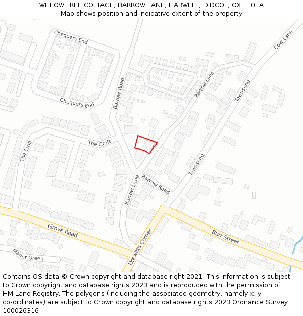 WILLOW TREE COTTAGE, BARROW LANE, HARWELL, DIDCOT, OX11 0EA: Location map and indicative extent of plot