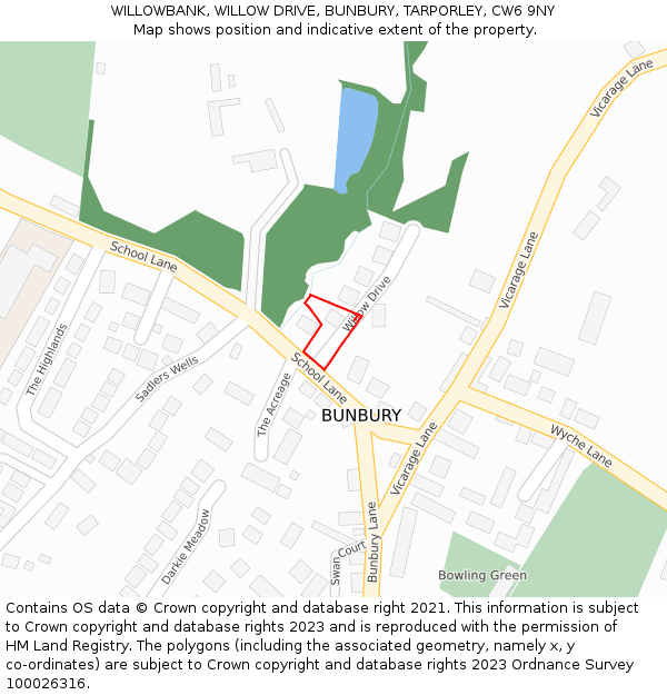 WILLOWBANK, WILLOW DRIVE, BUNBURY, TARPORLEY, CW6 9NY: Location map and indicative extent of plot