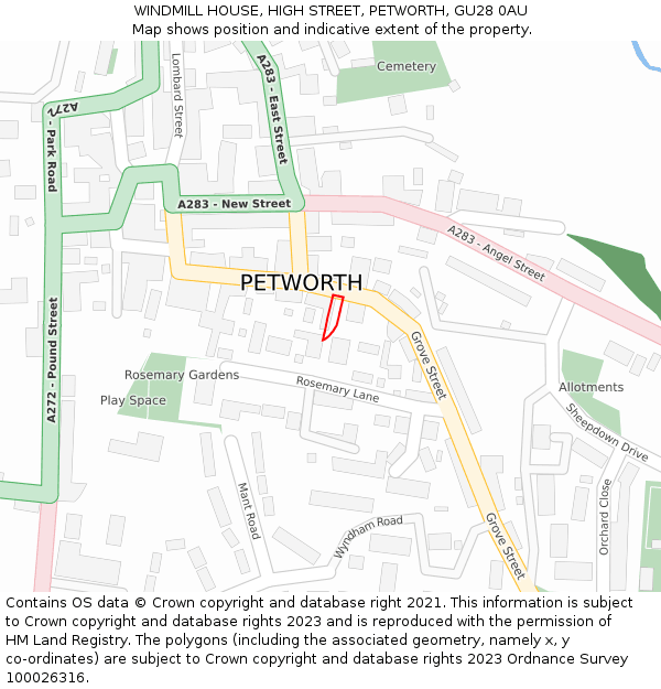 WINDMILL HOUSE, HIGH STREET, PETWORTH, GU28 0AU: Location map and indicative extent of plot