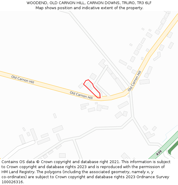 WOODEND, OLD CARNON HILL, CARNON DOWNS, TRURO, TR3 6LF: Location map and indicative extent of plot