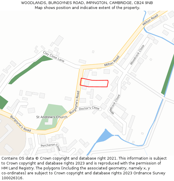 WOODLANDS, BURGOYNES ROAD, IMPINGTON, CAMBRIDGE, CB24 9NB: Location map and indicative extent of plot