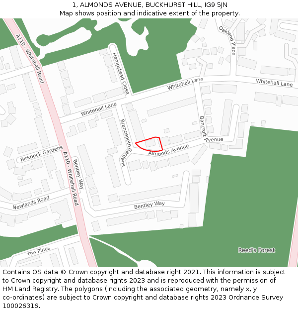 1, ALMONDS AVENUE, BUCKHURST HILL, IG9 5JN: Location map and indicative extent of plot