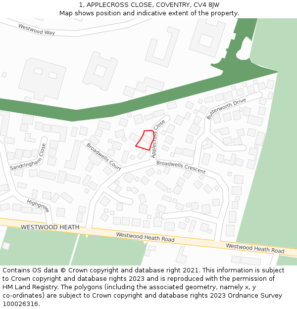 1, APPLECROSS CLOSE, COVENTRY, CV4 8JW: Location map and indicative extent of plot