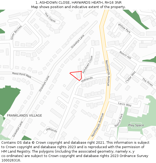 1, ASHDOWN CLOSE, HAYWARDS HEATH, RH16 3NR: Location map and indicative extent of plot