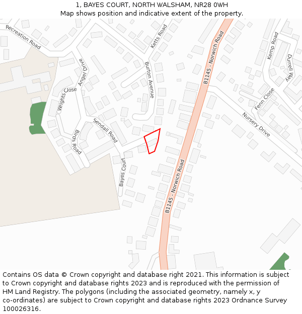 1, BAYES COURT, NORTH WALSHAM, NR28 0WH: Location map and indicative extent of plot