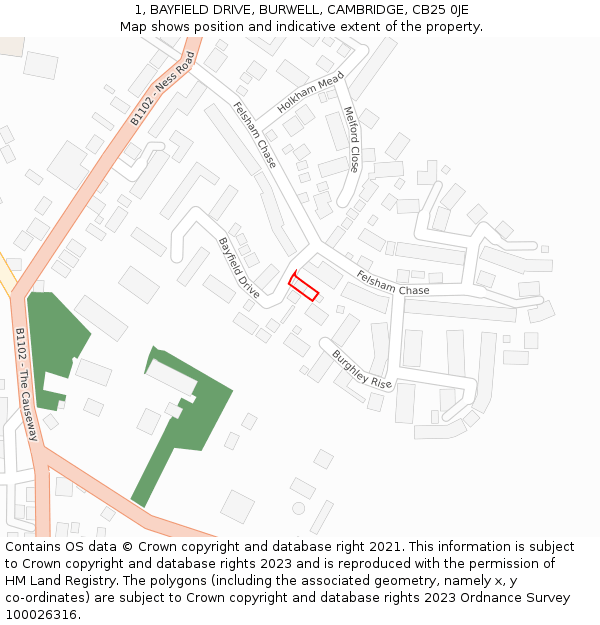 1, BAYFIELD DRIVE, BURWELL, CAMBRIDGE, CB25 0JE: Location map and indicative extent of plot