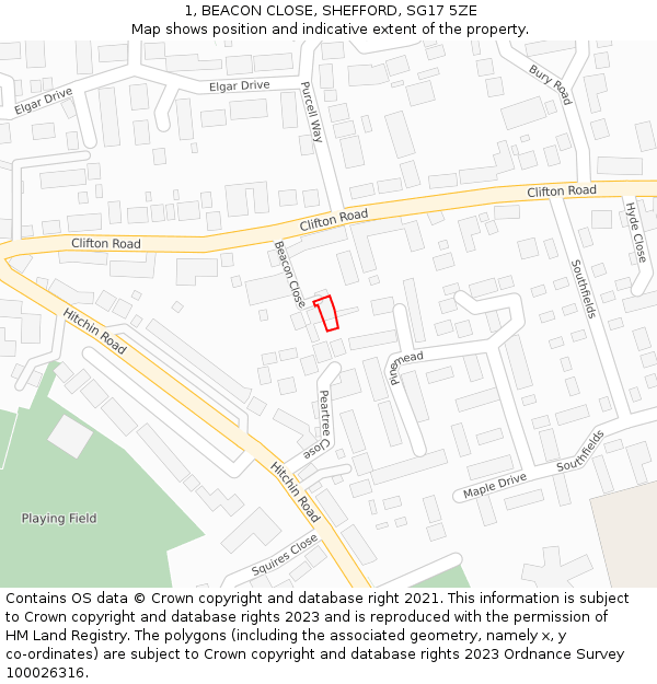 1, BEACON CLOSE, SHEFFORD, SG17 5ZE: Location map and indicative extent of plot