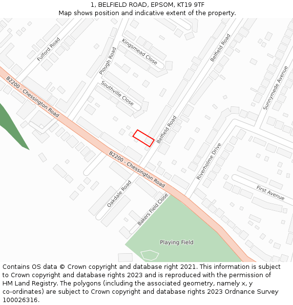 1, BELFIELD ROAD, EPSOM, KT19 9TF: Location map and indicative extent of plot