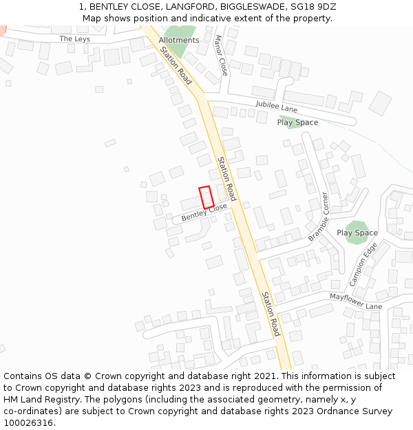 1, BENTLEY CLOSE, LANGFORD, BIGGLESWADE, SG18 9DZ: Location map and indicative extent of plot