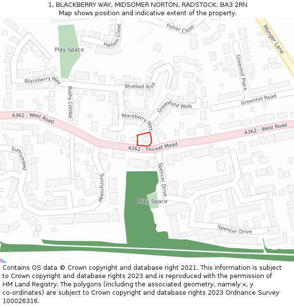 1, BLACKBERRY WAY, MIDSOMER NORTON, RADSTOCK, BA3 2RN: Location map and indicative extent of plot