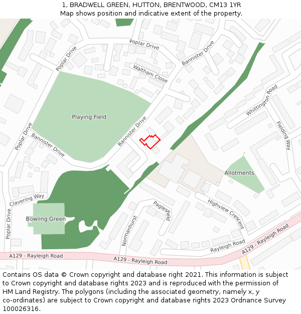 1, BRADWELL GREEN, HUTTON, BRENTWOOD, CM13 1YR: Location map and indicative extent of plot