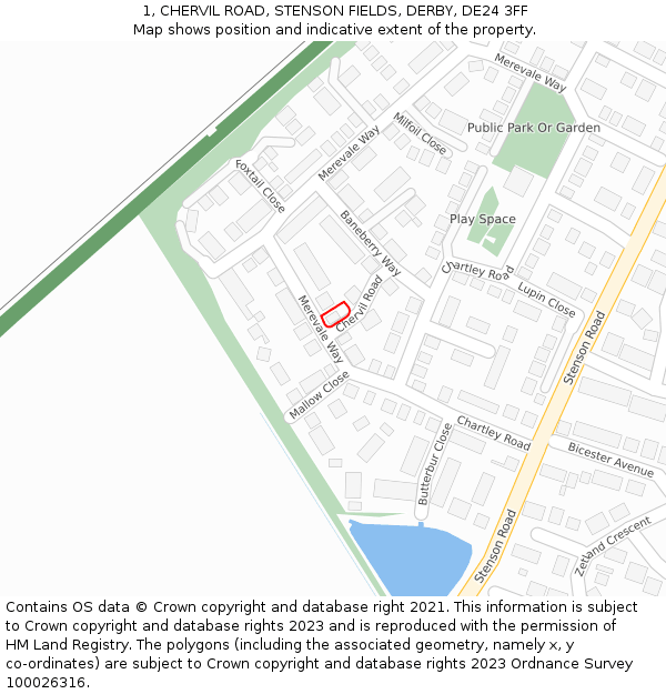 1, CHERVIL ROAD, STENSON FIELDS, DERBY, DE24 3FF: Location map and indicative extent of plot