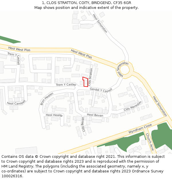 1, CLOS STRATTON, COITY, BRIDGEND, CF35 6GR: Location map and indicative extent of plot