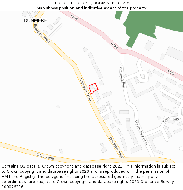 1, CLOTTED CLOSE, BODMIN, PL31 2TA: Location map and indicative extent of plot