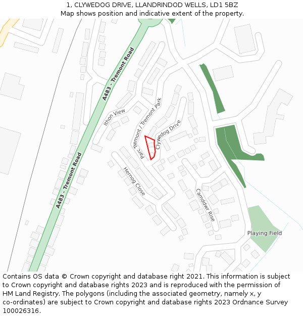 1, CLYWEDOG DRIVE, LLANDRINDOD WELLS, LD1 5BZ: Location map and indicative extent of plot