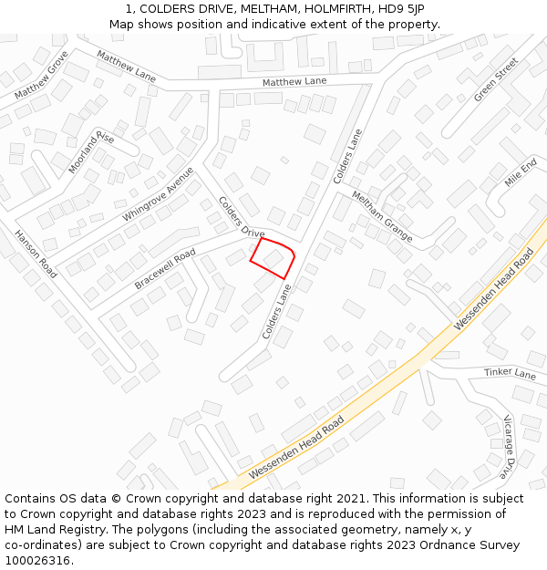 1, COLDERS DRIVE, MELTHAM, HOLMFIRTH, HD9 5JP: Location map and indicative extent of plot