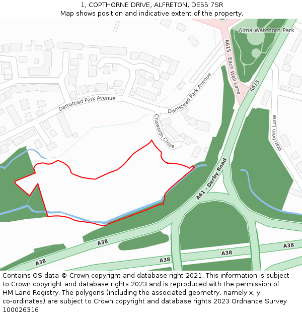 1, COPTHORNE DRIVE, ALFRETON, DE55 7SR: Location map and indicative extent of plot