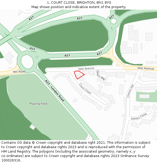 1, COURT CLOSE, BRIGHTON, BN1 8YG: Location map and indicative extent of plot