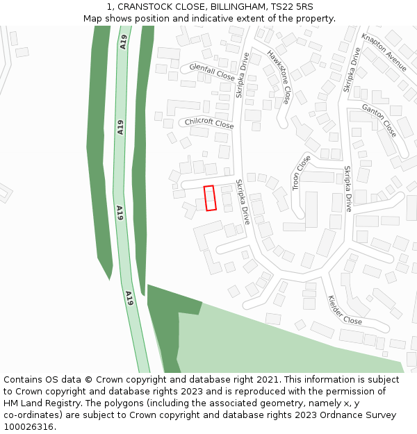 1, CRANSTOCK CLOSE, BILLINGHAM, TS22 5RS: Location map and indicative extent of plot