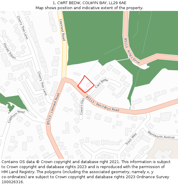 1, CWRT BEDW, COLWYN BAY, LL29 6AE: Location map and indicative extent of plot