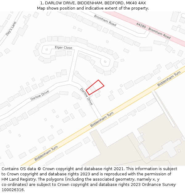 1, DARLOW DRIVE, BIDDENHAM, BEDFORD, MK40 4AX: Location map and indicative extent of plot