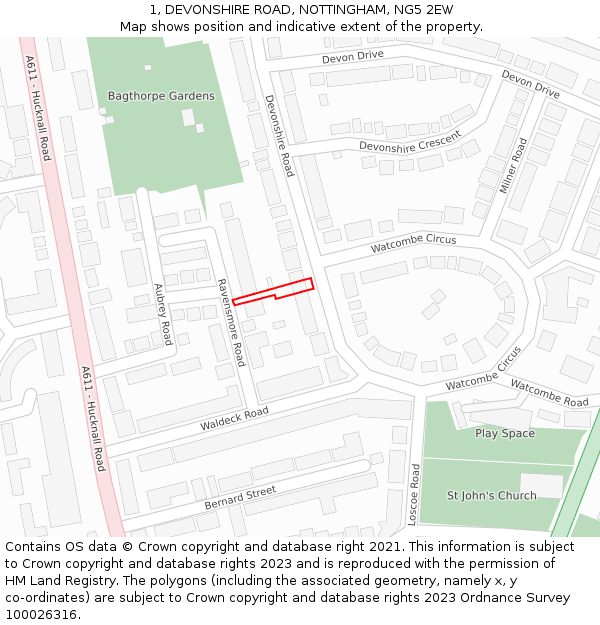 1, DEVONSHIRE ROAD, NOTTINGHAM, NG5 2EW: Location map and indicative extent of plot