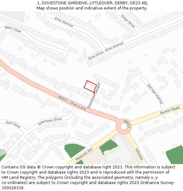 1, DOVESTONE GARDENS, LITTLEOVER, DERBY, DE23 4EJ: Location map and indicative extent of plot