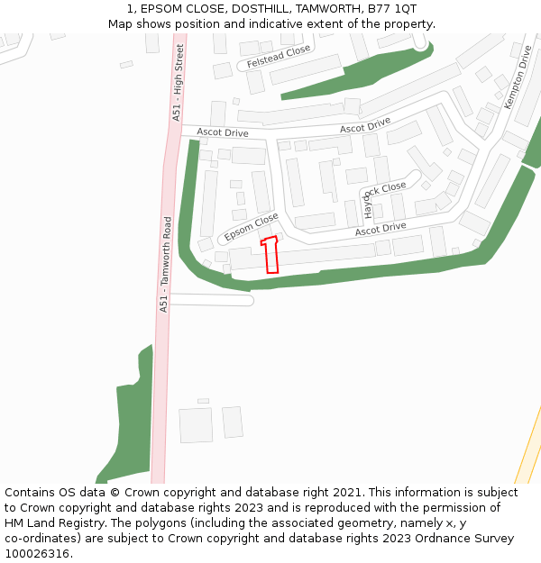 1, EPSOM CLOSE, DOSTHILL, TAMWORTH, B77 1QT: Location map and indicative extent of plot