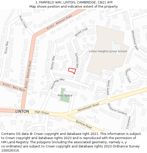 1, FAIRFIELD WAY, LINTON, CAMBRIDGE, CB21 4YP: Location map and indicative extent of plot