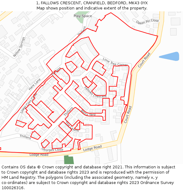 1, FALLOWS CRESCENT, CRANFIELD, BEDFORD, MK43 0YX: Location map and indicative extent of plot