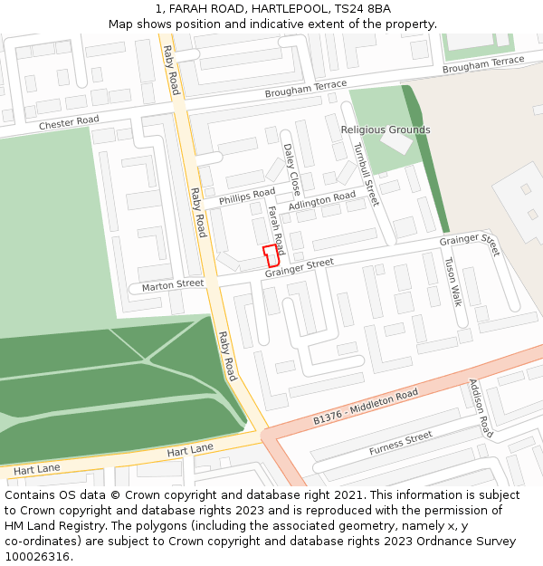 1, FARAH ROAD, HARTLEPOOL, TS24 8BA: Location map and indicative extent of plot