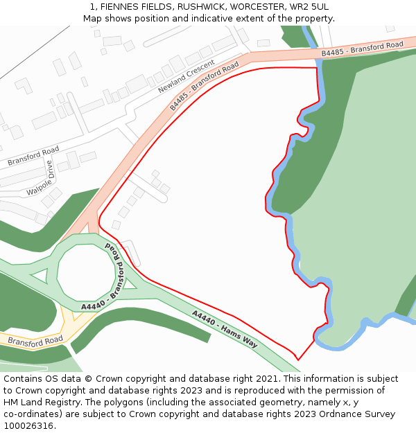 1, FIENNES FIELDS, RUSHWICK, WORCESTER, WR2 5UL: Location map and indicative extent of plot