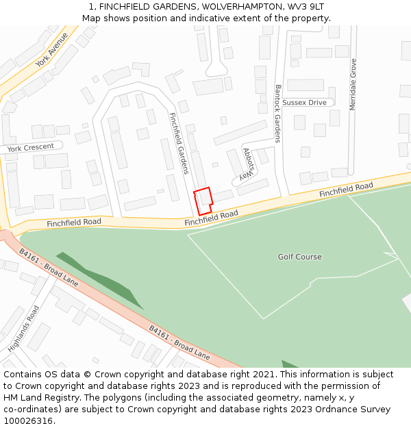 1, FINCHFIELD GARDENS, WOLVERHAMPTON, WV3 9LT: Location map and indicative extent of plot