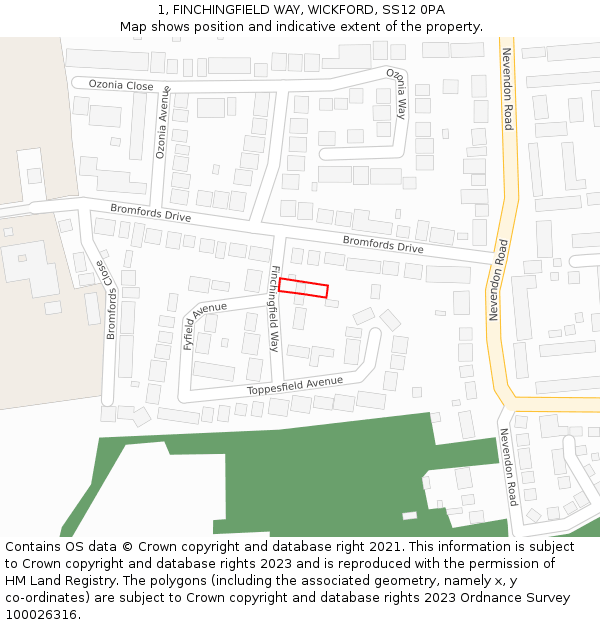 1, FINCHINGFIELD WAY, WICKFORD, SS12 0PA: Location map and indicative extent of plot