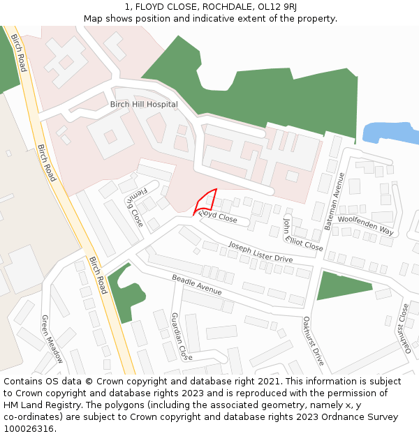 1, FLOYD CLOSE, ROCHDALE, OL12 9RJ: Location map and indicative extent of plot