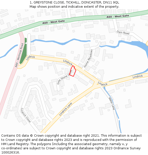 1, GREYSTONE CLOSE, TICKHILL, DONCASTER, DN11 9QL: Location map and indicative extent of plot