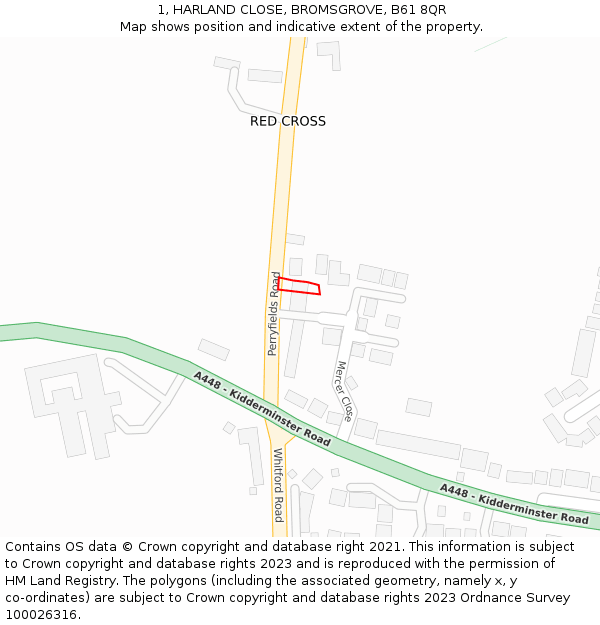 1, HARLAND CLOSE, BROMSGROVE, B61 8QR: Location map and indicative extent of plot