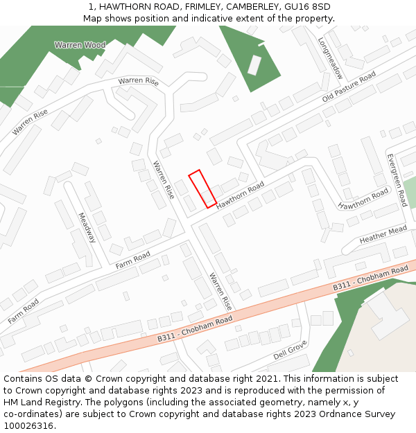 1, HAWTHORN ROAD, FRIMLEY, CAMBERLEY, GU16 8SD: Location map and indicative extent of plot