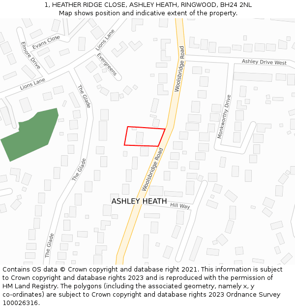 1, HEATHER RIDGE CLOSE, ASHLEY HEATH, RINGWOOD, BH24 2NL: Location map and indicative extent of plot